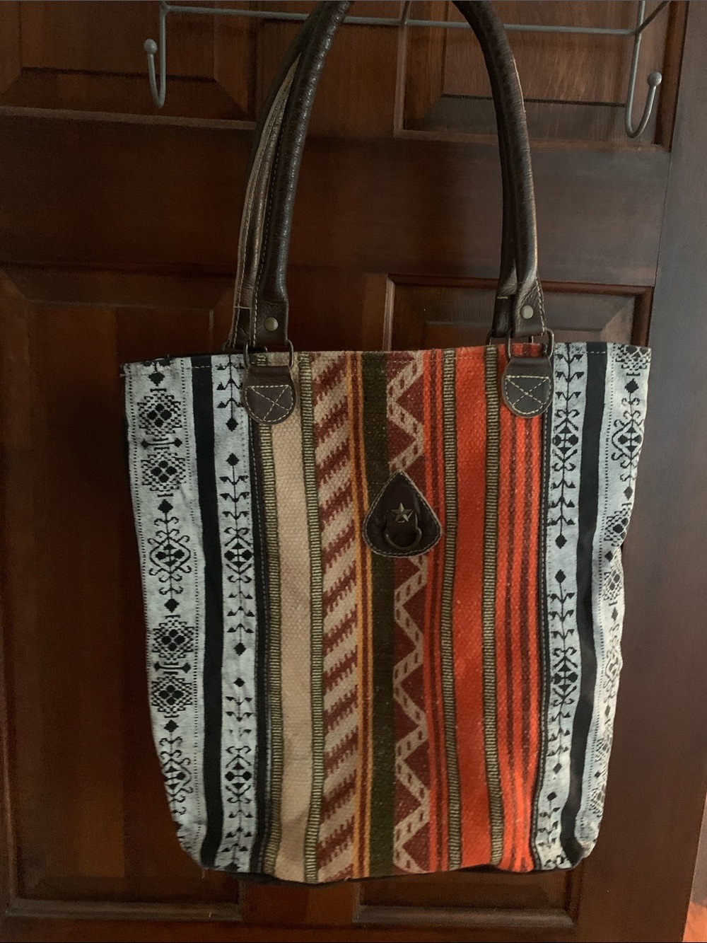 Striped Multicolor Canvas Tote with Brown Handles